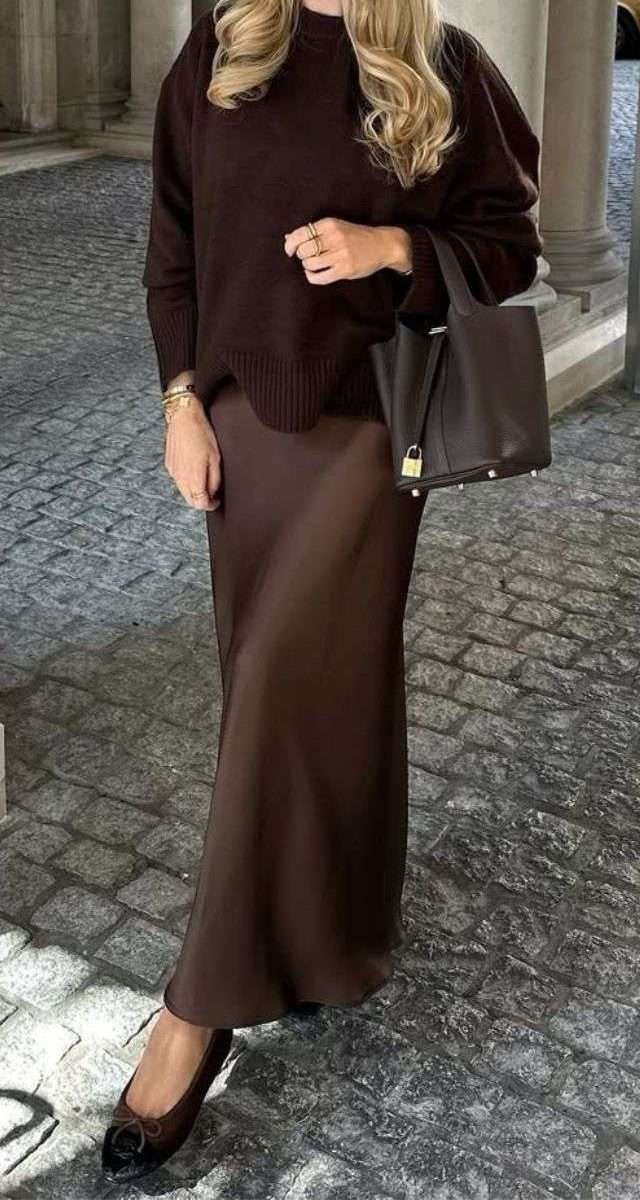 brown sweater with slip dress outfit