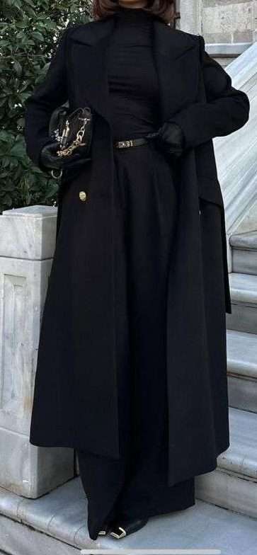 Black Wool Coat and Trousers Outfit