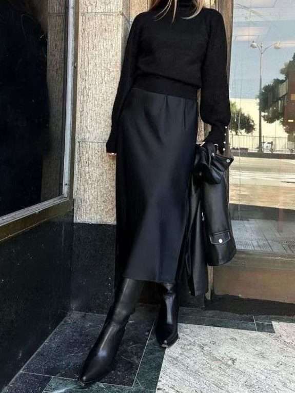 Black Slip skirt, Sweater & Boots Outfit