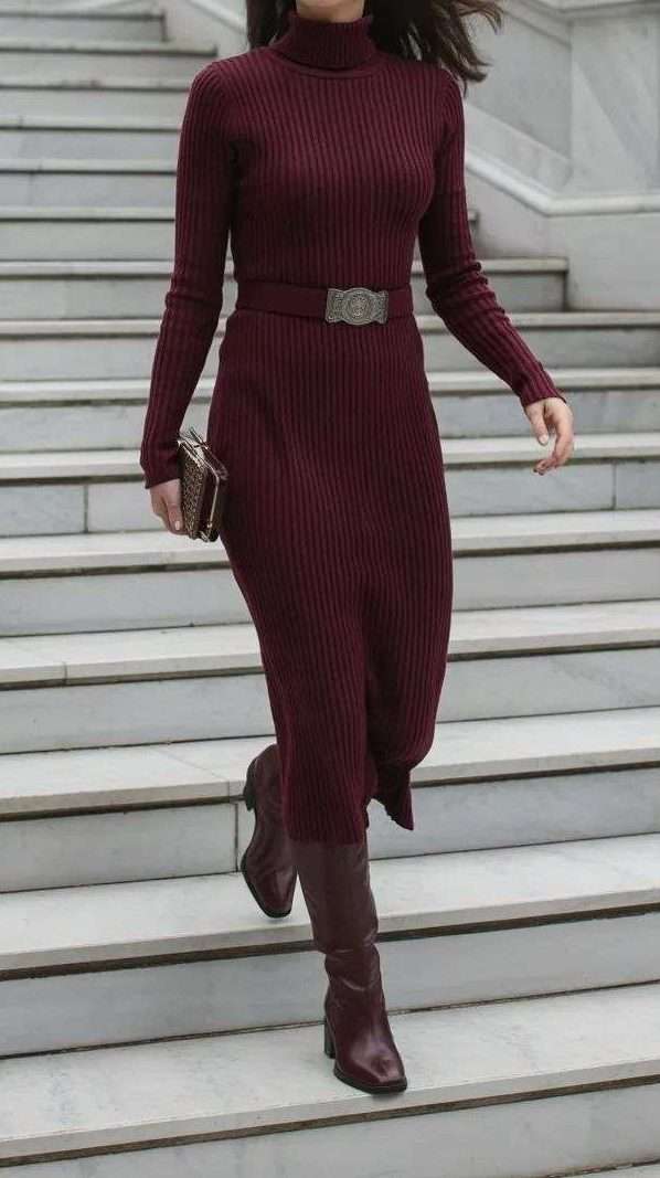 Burgundy Sweater Dress Monochrome Outfit Ideas For Winter