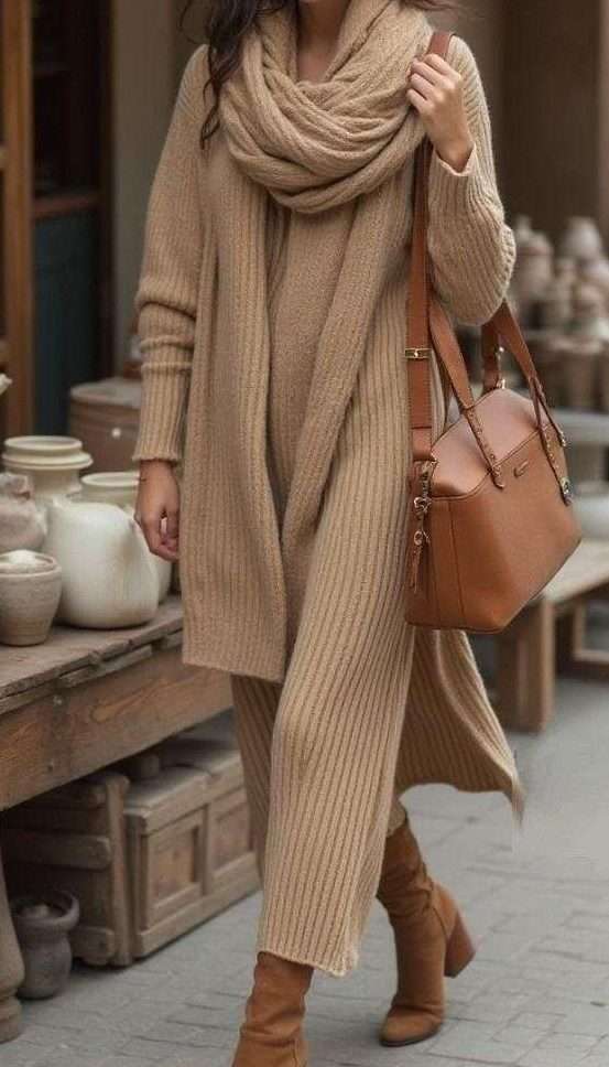 Soft Tan Sweater Dress Outfit