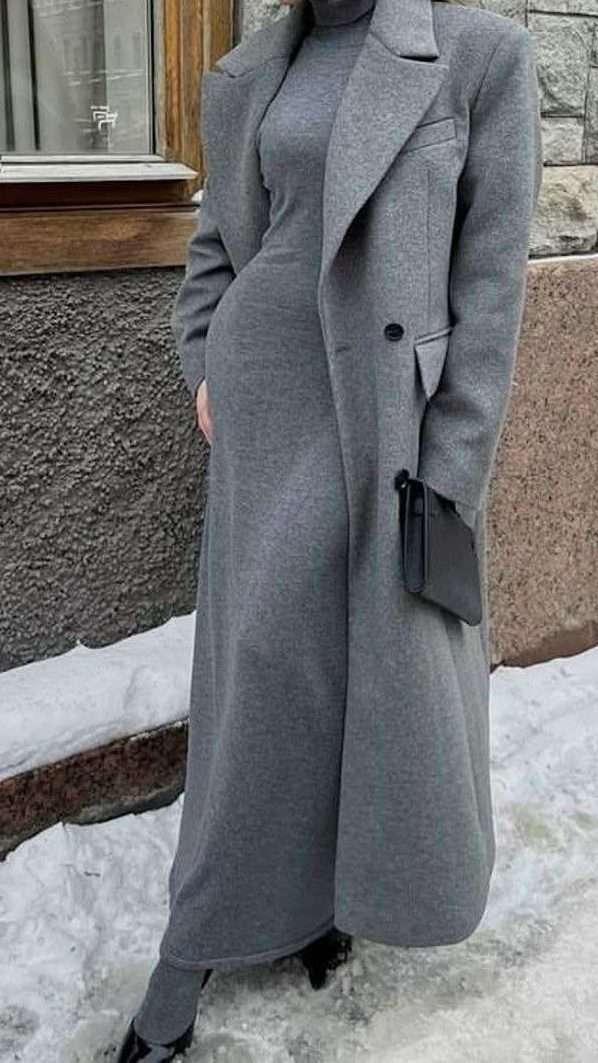 Grey Sweater Dress and Wool Coat Outfit