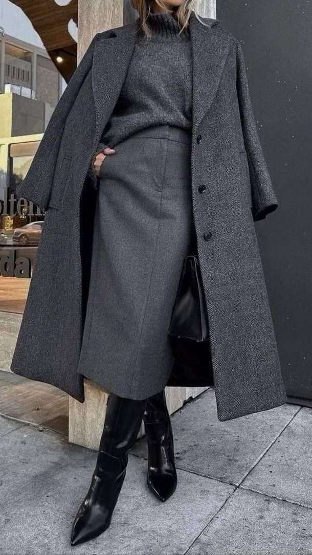 Sweater Dress and Wool Coat Monochrome Outfit Ideas For Winter