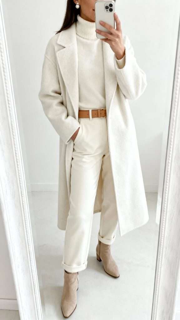 Winter White Coat and Denim Outfit