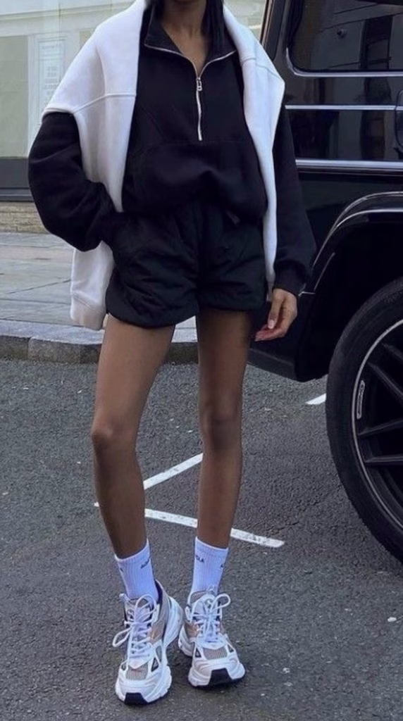 trouser shorts + Knit Top + Sneakers